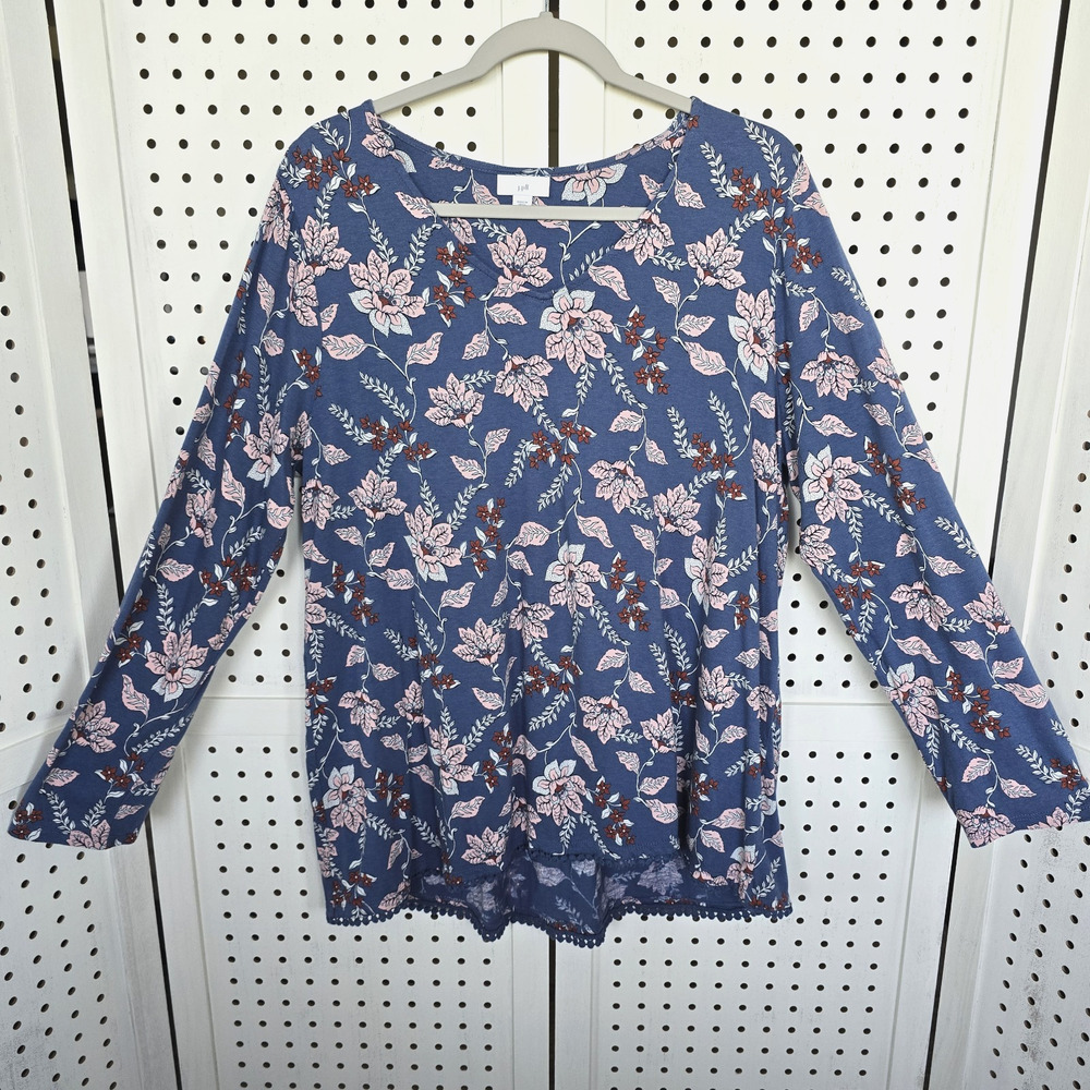 J Jill V Neck Long Sleeve Blue Floral Tee Shirt Top Womens SIZE L